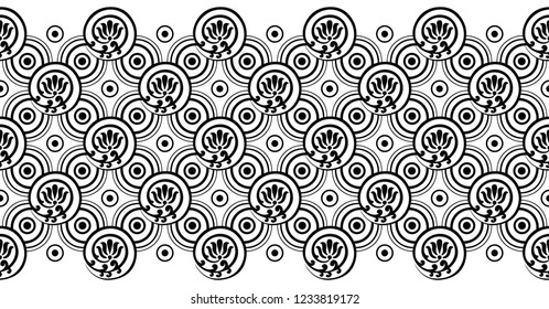 Seamless black and white lotus floral border