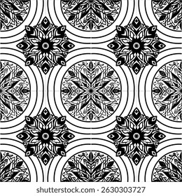 A seamless black and white mandala pattern with intricate ethnic and floral details. Perfect for backgrounds, wallpapers, coloring pages, textiles, and decorative vector projects