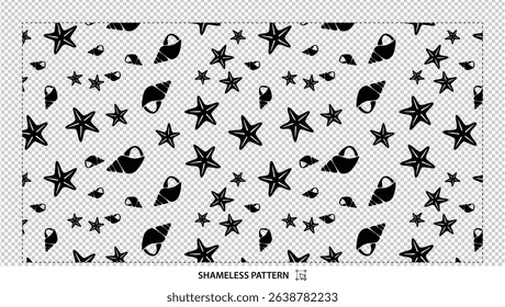 Seamless black and white marine pattern with starfish and seashells on transparent background