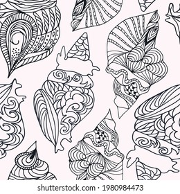Seamless black and white marine  sea shell pattern. Vector clipart.