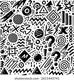 A seamless black and white Memphis-style pattern with bold hand-drawn doodles and abstract geometric shapes like squiggles, lightning bolts, and question marks. Ideal for trendy backgrounds, textiles.