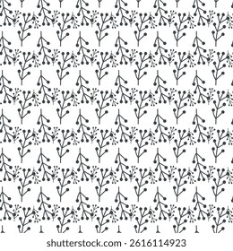Seamless Black and White Minimalistic Floral Pattern with Leaf Branches