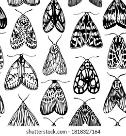 Seamless black and white moth pattern. Hand-drawn with black ink and brush. Isolated on white
