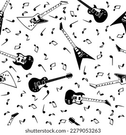 diseño musical transparente, en blanco y negro, con una imagen de murmullo de guitarras y notas musicales para impresiones sobre tejidos, empaques, cubiertas y para decoraciones interiores y estadios