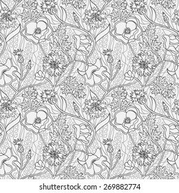 Seamless black and white natural pattern with flowers and wheat. Outline wallpaper.
