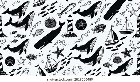 Seamless black and white nautical pattern featuring whales, fish, lighthouses, sailboats, and starfish. Minimalist diagonal ocean design for fabric and tiling. Modern flat vector marine life repeat illustration.