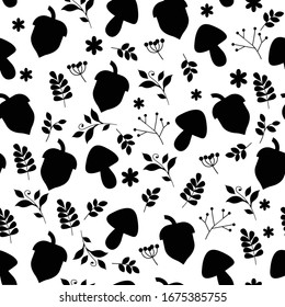 Seamless Black and White Nut and Mushroom Leafy Pattern