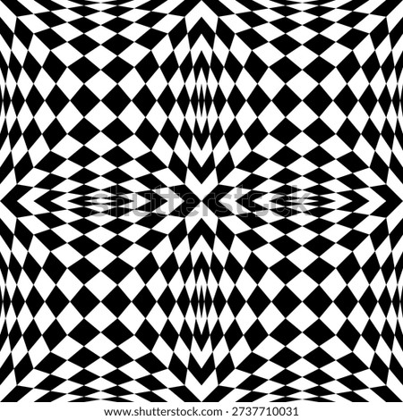 Seamless black and white op art geometric pattern with warped diamond checker shapes creating an optical illusion background for wallpaper, textiles, and modern graphic design