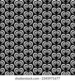 Seamless black and white openwork pattern with abstract hearts. Decorative background. Vector illustration. Design for web, wrapping wallpaper textile