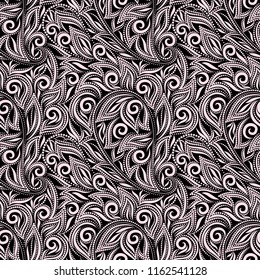 Seamless black and white oriental texture with paisley and flowers. Vector background.