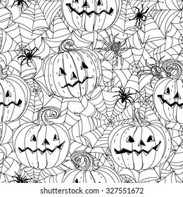 seamless  black and white  ornament of cobwebs, spiders and pumpkins could be use  for coloring book  in zentangle style. 