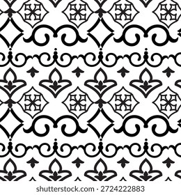 Nahtloses Schwarz-Weiß-Ornamentmuster mit ethnischer floraler Geometrie, türkisch und aztekisch inspiriertes Design