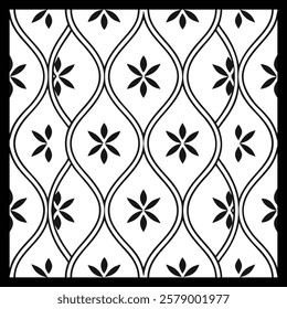 Seamless Black and White Ornamental Vector | Floral Botanical Swirl and Geometric Tile Pattern for Fabric, Textile, Wallpaper, Interior, Home Decor and Digital Art | Classic Elegant Design
