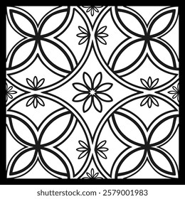 Seamless Black and White Ornamental Vector | Floral Botanical Swirl and Geometric Tile Pattern for Fabric, Textile, Wallpaper, Interior, Home Decor and Digital Art | Classic Elegant Design
