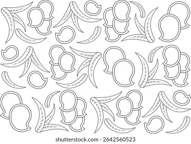 Seamless Black and White Outline Pattern with Indian Motifs, A monochrome, seamless pattern featuring abstract shapes and stylized leaves in a hand-drawn, outline style inspired by traditional