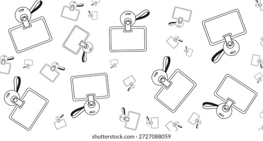 Um padrão de contorno preto e branco sem costura com vários portadores de cartão de identificação em branco ou etiquetas de bagagem com clipes e correias circulares, espalhados aleatoriamente sobre um fundo branco.