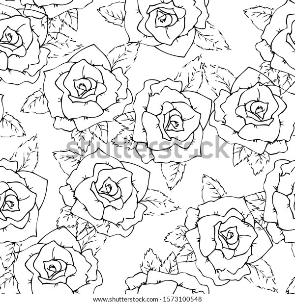 Seamless Black White Outline Pattern Rose Stock Vector (Royalty Free ...