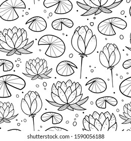 Seamless black and white outlined Water lily pattern doodles