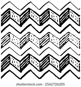 A seamless black and white painted chevron pattern with sketchy brush stroke lines. Perfect for grungy decorations, wallpaper, furniture, fabric, or textile designs. Versatile and stylish vector art.