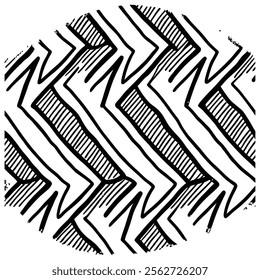 A seamless black and white painted chevron pattern with sketchy brush stroke lines. Perfect for grungy decorations, wallpaper, furniture, fabric, or textile designs. Versatile and stylish vector art.