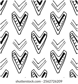 A seamless black and white painted chevron pattern with sketchy brush stroke lines. Perfect for grungy decorations, wallpaper, furniture, fabric, or textile designs. Versatile and stylish vector art.