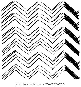 A seamless black and white painted chevron pattern with sketchy brush stroke lines. Perfect for grungy decorations, wallpaper, furniture, fabric, or textile designs. Versatile and stylish vector art.