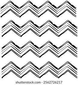 A seamless black and white painted chevron pattern with sketchy brush stroke lines. Perfect for grungy decorations, wallpaper, furniture, fabric, or textile designs. Versatile and stylish vector art.