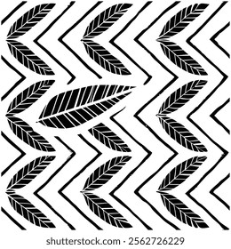 A seamless black and white painted chevron pattern with sketchy brush stroke lines. Perfect for grungy decorations, wallpaper, furniture, fabric, or textile designs. Versatile and stylish vector art.