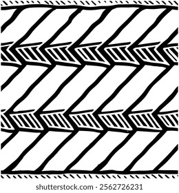 A seamless black and white painted chevron pattern with sketchy brush stroke lines. Perfect for grungy decorations, wallpaper, furniture, fabric, or textile designs. Versatile and stylish vector art.