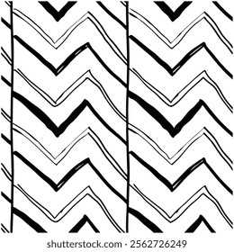 A seamless black and white painted chevron pattern with sketchy brush stroke lines. Perfect for grungy decorations, wallpaper, furniture, fabric, or textile designs. Versatile and stylish vector art.