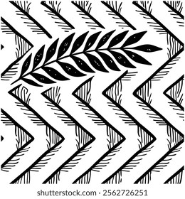 A seamless black and white painted chevron pattern with sketchy brush stroke lines. Perfect for grungy decorations, wallpaper, furniture, fabric, or textile designs. Versatile and stylish vector art.