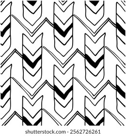 A seamless black and white painted chevron pattern with sketchy brush stroke lines. Perfect for grungy decorations, wallpaper, furniture, fabric, or textile designs. Versatile and stylish vector art.