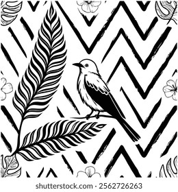 A seamless black and white painted chevron pattern with sketchy brush stroke lines. Perfect for grungy decorations, wallpaper, furniture, fabric, or textile designs. Versatile and stylish vector art.