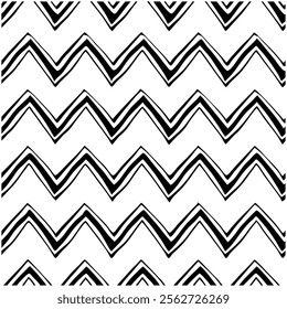 A seamless black and white painted chevron pattern with sketchy brush stroke lines. Perfect for grungy decorations, wallpaper, furniture, fabric, or textile designs. Versatile and stylish vector art.