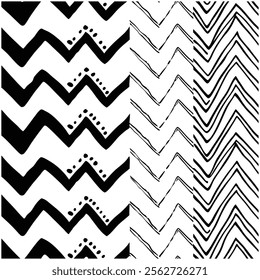 A seamless black and white painted chevron pattern with sketchy brush stroke lines. Perfect for grungy decorations, wallpaper, furniture, fabric, or textile designs. Versatile and stylish vector art.