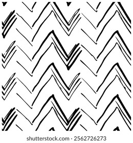 A seamless black and white painted chevron pattern with sketchy brush stroke lines. Perfect for grungy decorations, wallpaper, furniture, fabric, or textile designs. Versatile and stylish vector art.