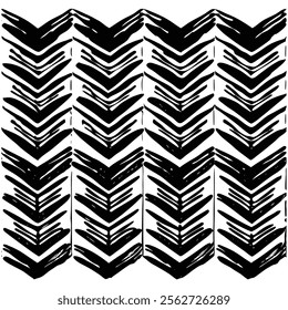 A seamless black and white painted chevron pattern with sketchy brush stroke lines. Perfect for grungy decorations, wallpaper, furniture, fabric, or textile designs. Versatile and stylish vector art.