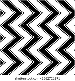 A seamless black and white painted chevron pattern with sketchy brush stroke lines. Perfect for grungy decorations, wallpaper, furniture, fabric, or textile designs. Versatile and stylish vector art.