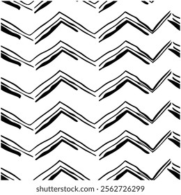 A seamless black and white painted chevron pattern with sketchy brush stroke lines. Perfect for grungy decorations, wallpaper, furniture, fabric, or textile designs. Versatile and stylish vector art.