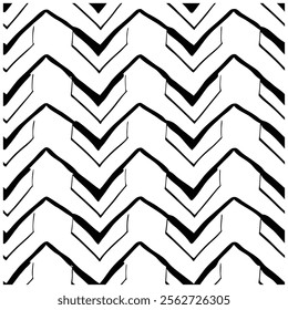 A seamless black and white painted chevron pattern with sketchy brush stroke lines. Perfect for grungy decorations, wallpaper, furniture, fabric, or textile designs. Versatile and stylish vector art.