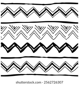 A seamless black and white painted chevron pattern with sketchy brush stroke lines. Perfect for grungy decorations, wallpaper, furniture, fabric, or textile designs. Versatile and stylish vector art.