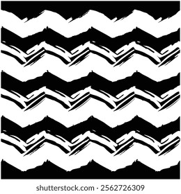 A seamless black and white painted chevron pattern with sketchy brush stroke lines. Perfect for grungy decorations, wallpaper, furniture, fabric, or textile designs. Versatile and stylish vector art.