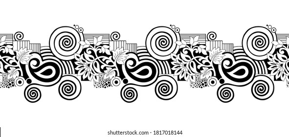 Seamless black and white paisley border with geometrical shapes