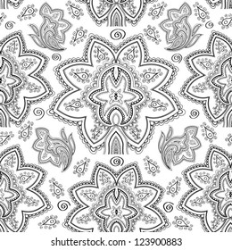 Seamless black and white paisley pattern. Hand drawn vector illustration