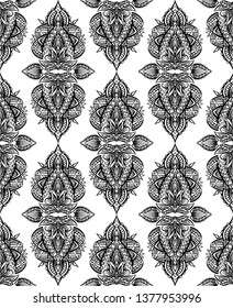 Seamless black and white paisley pattern with boho ornaments in row. Tribal background for textile, wallpaper and your creativity.