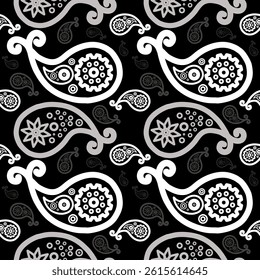 Seamless black and white paisley pattern with ornamental teardrop shapes, floral motifs, and swirls, repeating across a bold background for textile or wallpaper design.