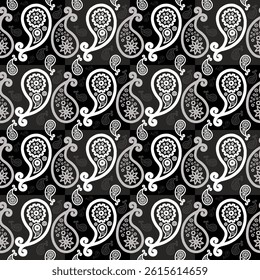 Seamless black and white paisley pattern with ornate floral motifs forming a repeating tiled background.