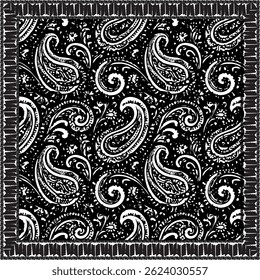 
Patrón de paisley blanco y negro sin costuras con detalles florales ornamentales y diseño de borde, perfecto para bufanda, bandana, impresión de tela, superficie textil, boho, retro o proyectos de moda vintage
