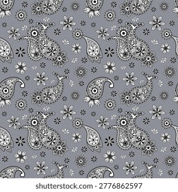 A seamless black and white paisley pattern with delicate floral details on a grey background. This classic design features elegant paisley shapes combined with small flowers and refined linear details, creating a clean and timeless look. Suitable for fabrics, textiles, wallpaper, wrapping paper, and digital backgrounds. This repeating pattern is ideal for fashion, home decor, and modern design projects.