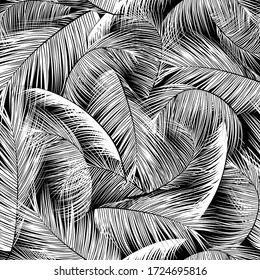 seamless black and white palm tree leaves pattern on black